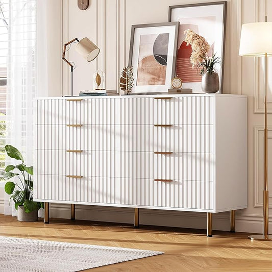 GarveeHome 8 Drawer Dresser for Bedroom, Fluted 55 in Wide Modern Chest of Drawers with Deep Drawers, Wooden Dresser Organizer for Living Room, Hallway, Kids Room, White