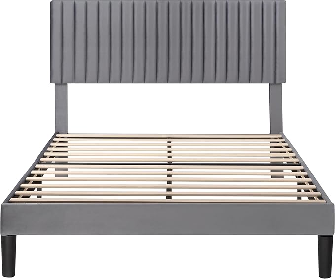 SHA CERLIN Full Upholstered Platform Bed Frame with Vertical Channel Tufted Velvet Fabric Adjustable Headboard, Wooden Slats Support, Mattress Foundation, Box Spring Optional, Grey