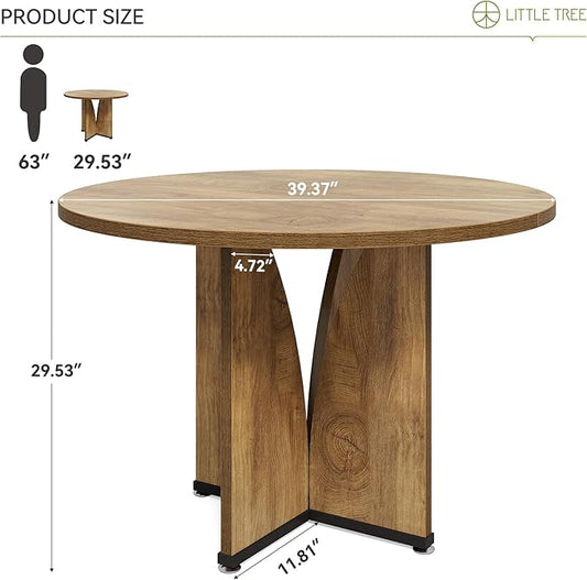 LITTLE TREE 39-Inch Dining Table for 4, Rustic Kitchen Table, Round Dining Table with X-Shaped Stable Pedestal, Farmhouse Dinner Table for Dining Room, Living Room