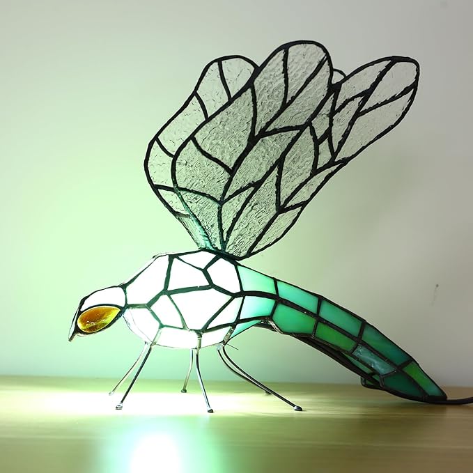 Tiffany Table Lamp Green Dragonfly Stained Glass Bedside Nightstand Night Light,3 Color-Temperature,Handcrafted Light for Living Room,Bedroom+LED Bulb,Home Decor Gifts