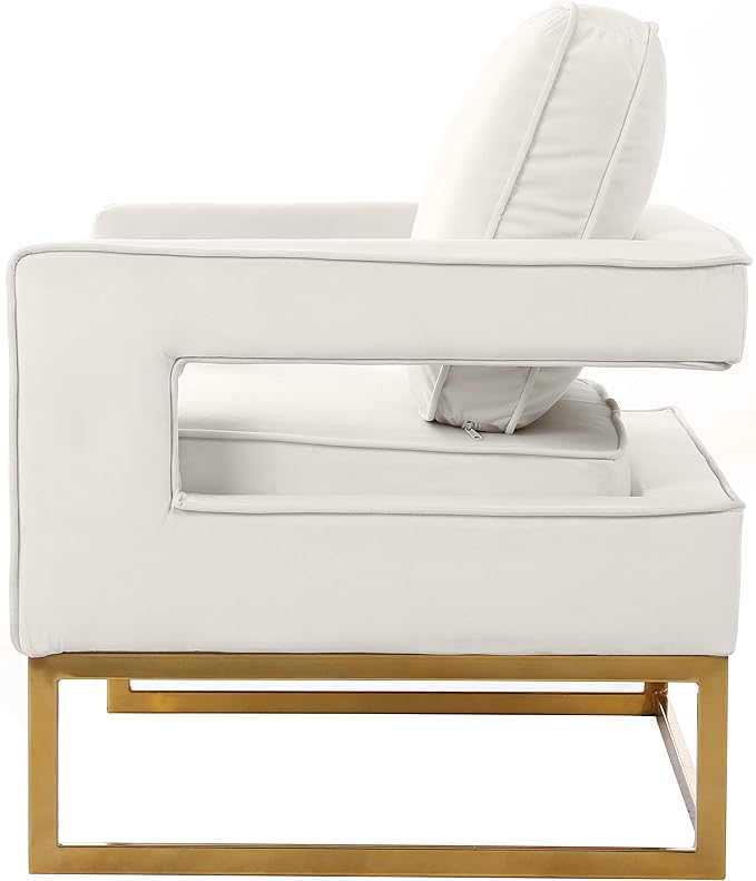 Meridian Furniture Noah Collection Modern | Contemporary Velvet Upholstered Accent Chair with Durable Iron, 33" W x 29" D x 35" H, Cream, Gold Base