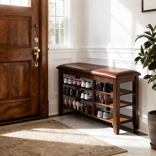 PY HOME & SPORTS Shoe Rack for Entryway 31.5": 3-Tier Shoe Storage Bench,Adjustable/Removable Shelves, Rubberwood Shoe Benches for Hallway, Porch, Bathroom, Brown