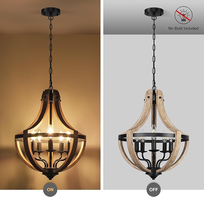 5-Light Farmhouse Wood Chandeliers for Dining Room, Adjustable Height Hanging Rustic Geometric Light Fixture for Kitchen Island Foyer Entryway Living Room