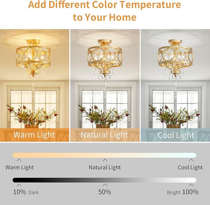 Crystal Ceiling Light Fixture, Modern Semi Flush Mount Ceiling Light, 4-Light Gold Round Crystal Chandelier Hallway Lighting Fixtures for Bedroom Bathroom Foyer Entryway Dining Room Kitchen