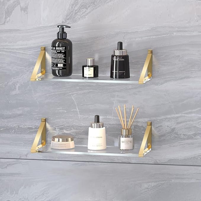 Sturdy Large 25×5.9 inch Thicker 2/5"(10mm) Crystal-Clear Acrylic Gold Shelves for Wall,Gold Floating Shelves,Clear Shelves for Wall Décor, Bathroom,Bedroom Pack of 2