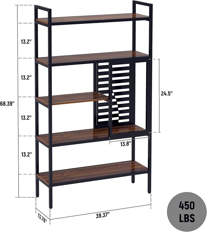 Anivia 5 Tier Bookshelf Tall Industrial Bookcase Wood Metal Frame Standing Book Shelf, Display Bookshelves Storage Organizer for Bedroom Living Room Home Office, Teak/Black