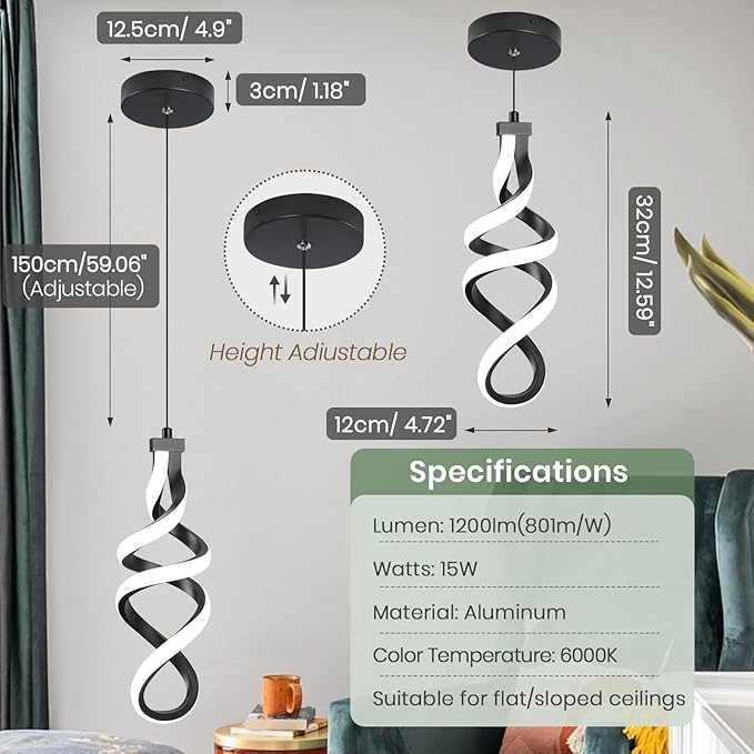 3 Packs Pendant Light, 15W Spiral Led Pendant Light, 4500K Modern Pendant Lights Kitchen Island, Adjustable Height Pendant Light for Dining Room Bedroom Kitchen Island Cafe