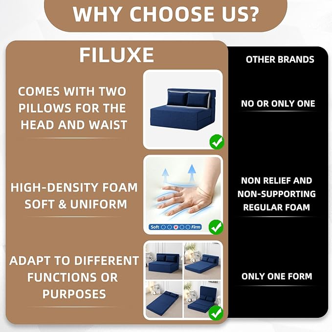 FILUXE Folding Sofa Bed | Convertible Sleeper Chair Bed for Adults, Fold Out Chair to Bed Linen Futon Chair with Pillow, for Home Dorm Apartment RV Living Room, Standard Size, Navy Blue