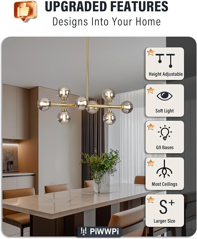Modern Linear Chandeliers for Dining Room, 8-Light Globe Sputnik Pendant Ceiling Light, Brass Gold Dining Room Light Fixture Over Table, Mid Century Glass Smoke Grey Bubble, 31.5 Inch, GC-09