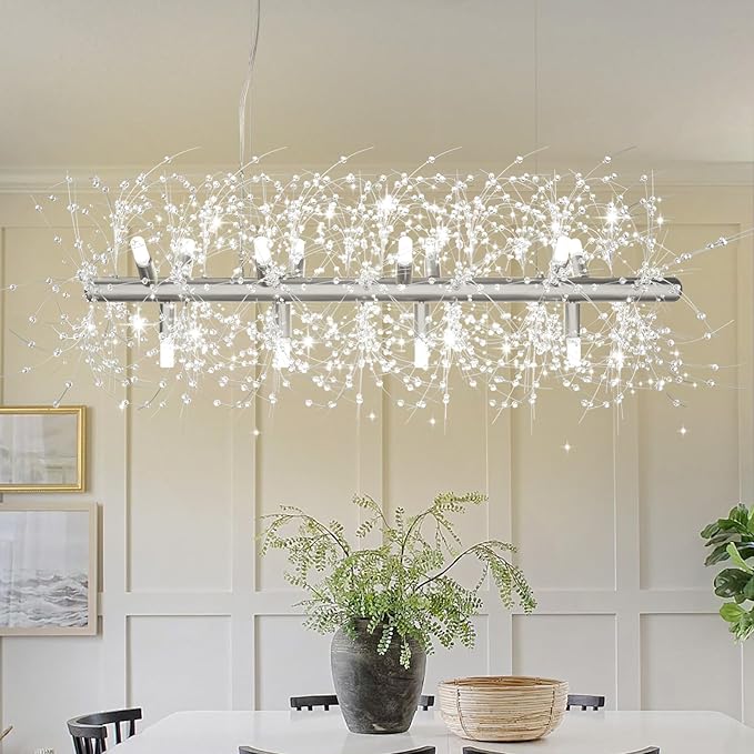 Depuley 35.4" Modern Silver Crystal Firework Chandelier, 12-Light Crystal Light Fixture Hanging, Linear Dandelion Chandelier, Sputnik Ceiling Pendant Light Fixtures for Dining Room(G9 Bulbs Included)