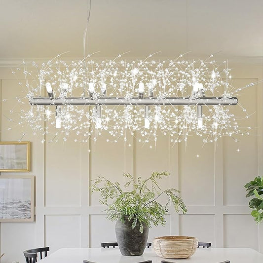 Depuley 35.4" Modern Silver Crystal Firework Chandelier, 12-Light Crystal Light Fixture Hanging, Linear Dandelion Chandelier, Sputnik Ceiling Pendant Light Fixtures for Dining Room(G9 Bulbs Included)