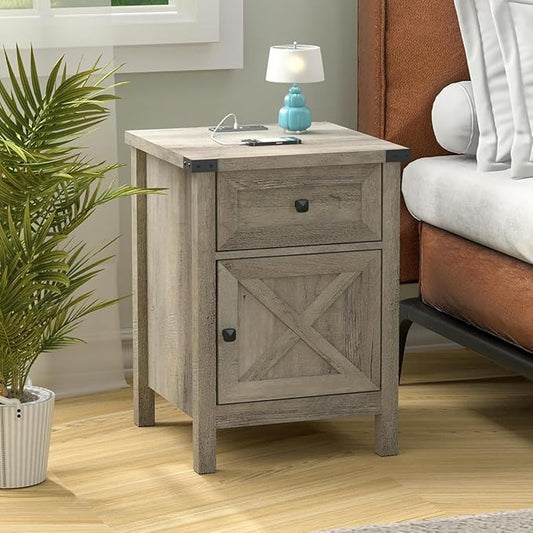 Rustic Nightstand with Charging Station, Night Stand with Barn Door and Drawer, Storage Bedroom Living Room Bedside Table Farmhouse End Table Industrial Bedside Table with USB Ports and Outlets，Grey
