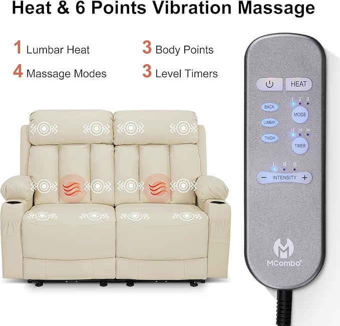 MCombo Zero Gravity Loveseat Recliner with Heat and Massage, Power Reclining Sofa for Living Room, Faux Leather 6075 (Cream White, Loveseat Recliner)