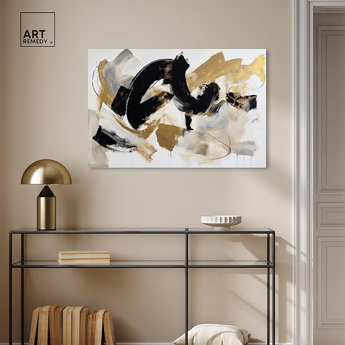 Art Remedy Moved Abstraction Canvas Modern Black White Abstract Wall Art, Gallery Wrapped, 36" x 24"