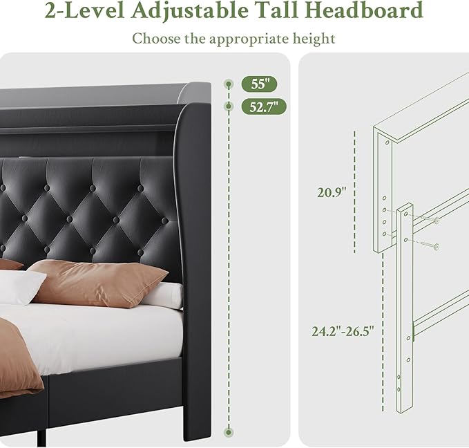King Size Bed Frame with Tall Headboard, Velvet Upholstered Platform Bed with LED Lights & Charging Station, 52.7"-55" Adjustable/Modern Tufted Wingback Storage Headboard, No Box Spring Needed, Black