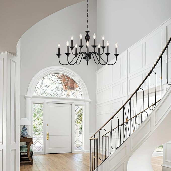 Black Farmhouse Chandeliers for Dining Room Light Fixtures Over Table, 12 Light Industrial Candle Hanging Chandeliers for Living Room Kitchen Island Foyer Staircase