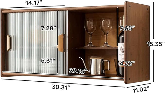 HollyHOME Small Bamboo Wall Mounted Kitchen Pantry Sideboard with 2 Doors and Adjustable Shelves, Coffee Wine Bar Storage Cabinet for Liquor and Glasses, Dining Cupboard for Bottle, Dish, Walnut