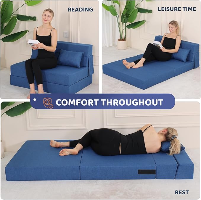 Fvkind Folding Sofa Bed, Foldable Sleeper Chair with Pillow, Convertible Fold Out Chair Bed with Washable Cover, Foldable Mattress for Living Room, Bedroom, Guest Room, Standard Size, Blue