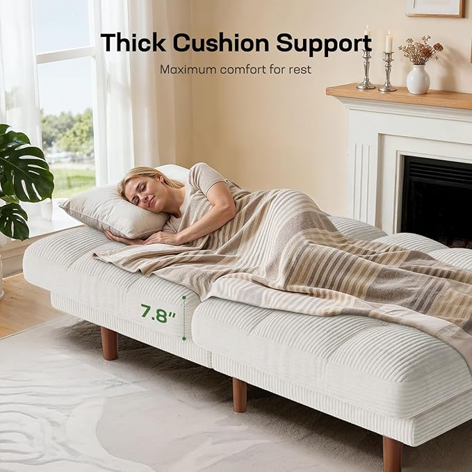 Marsail 65" Futon Sofa Bed, Convertible Small Recliner Sleeper Sofa Bed with Adjustable Backrest, Corduroy Loveseat Futon Couch for Small Apartments, Living Room Office, Guest Room (White)