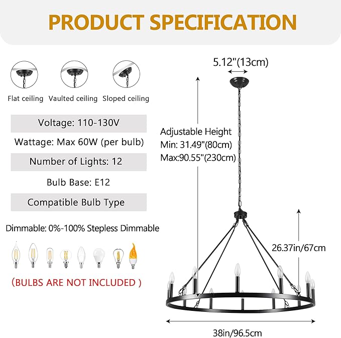 Black Wagon Wheel Chandelier 38 inch,12-Light Farmhouse Wagon Wheel Chandeliers Round Industrial Ceiling Rustic Country Light fixtures for Outdoor Porch high Ceilings Living Dining Room Foyer Entryway
