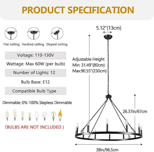Black Wagon Wheel Chandelier 38 inch,12-Light Farmhouse Wagon Wheel Chandeliers Round Industrial Ceiling Rustic Country Light fixtures for Outdoor Porch high Ceilings Living Dining Room Foyer Entryway