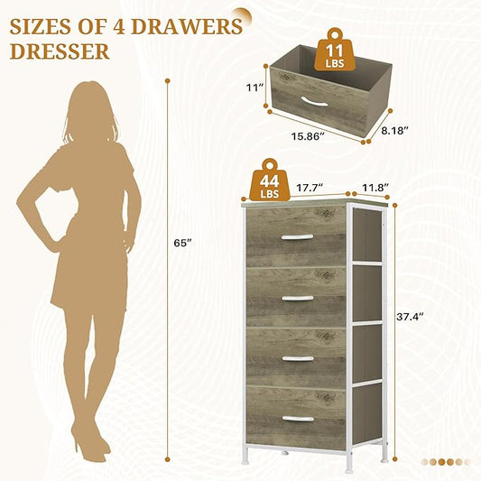 Nightstand with 4 Fabric Drawers, 37.4" H Tall Narrow Bedside Table with Wooden Top Steel Frame for Bedroom, Dorm, Closet, Living Room, Greige Oak