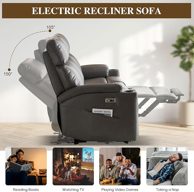 Power Reclining Sofa, Electric 3-Seat Dual Recliner Couch with USB Ports, Cup Holders, Wall Hugger Sofa & Couch for Living Room Home Theater Apartment RV (Grey) | Drop-Down Table, Side Pocket, Extended Footrest, Breathable Material