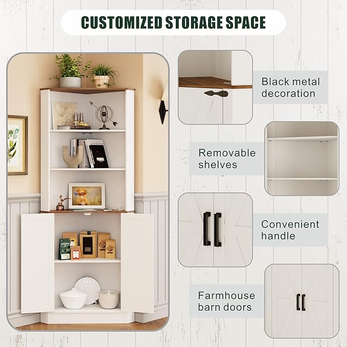 Farmhouse Corner Cabinet with LED Light, 67" Tall Bathroom Cabinet with 2 Doors and 3 Tier Shelves, Free Standing Corner Storage Cabinet for Living Room or Kitchen, White