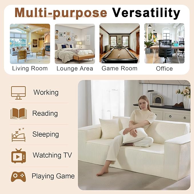 SUYOLS Corduroy Cloud Couch with Pillow, Premium Memory Foam, No Assembly Required, Deep Seat Sofa in Box, Space-Saving Chair for Home, Living Room, Bedroom, Apartment, Office, 3-Seater, Beige