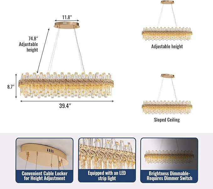 Luxury Crystal Chandeliers for Dining Room,40“ Gold Contemporary K9 Crystal Chandelier,Adjustable Pendant Ceiling Light Fixture with Leaf-Edge for Dining Living Room Foyer Entryway