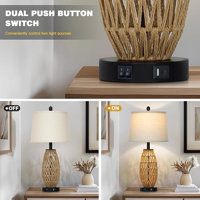 27" Rattan Table Lamps Set of 2, Boho Bedside Lamp for Bedroom with Night Light, Coastal Woven Wicker Nightstand Lamps with USB A+C Charging Port, Tall Farmhouse Living Room Lamp