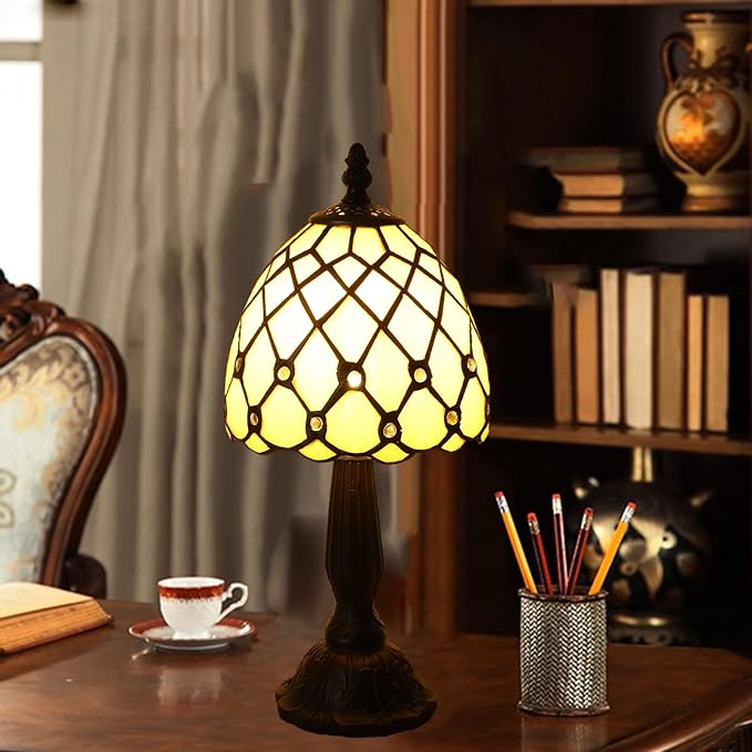 Small Tiffany Style Table Lamp,3 Color Temperature Beads Light Gold Stained Glass Table Lamps for Living Dining Room,Bedroom,Bedside Nightstand Night Light+LED E12 Bulb,6X6X13Inch