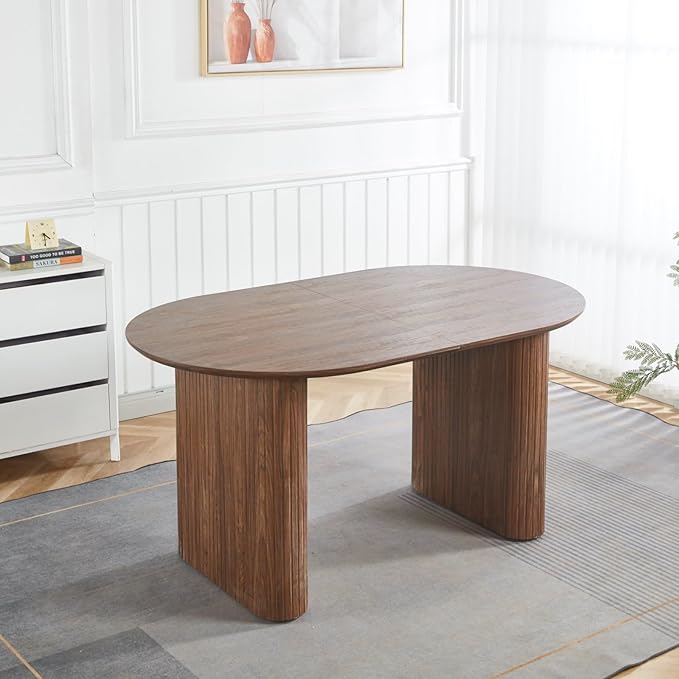 Ball & Cast 59.06"-90.55" Extendable Dining Table for 4-6,Modern Kitchen Oval Dinner Table with Removable Leaves Space Saving,Dining Room Table with Wood Strip Base for Kitchen Living Room,Walnut