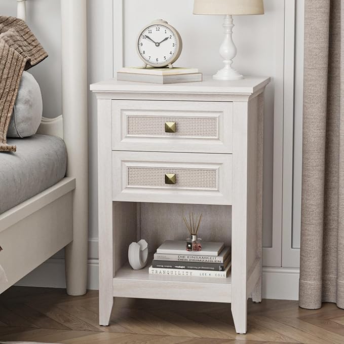 RoyalCraft Rattan Nightstand, Boho Bedside Table with 2 Rattan Decor Drawers, Accent End Table with Open Storage Shelf, Wood Bedside Unit for Bedroom, Home Office, Grayish White
