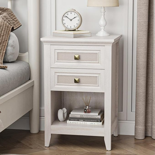 RoyalCraft Rattan Nightstand, Boho Bedside Table with 2 Rattan Decor Drawers, Accent End Table with Open Storage Shelf, Wood Bedside Unit for Bedroom, Home Office, Grayish White