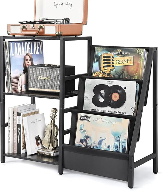 Bikoney Record Player Stand, Turntable Stand with 3-Tier Vinyl Record Storage, Record Player Table Up to 200 Albums, End Table for Records, Vinyl Record Holder