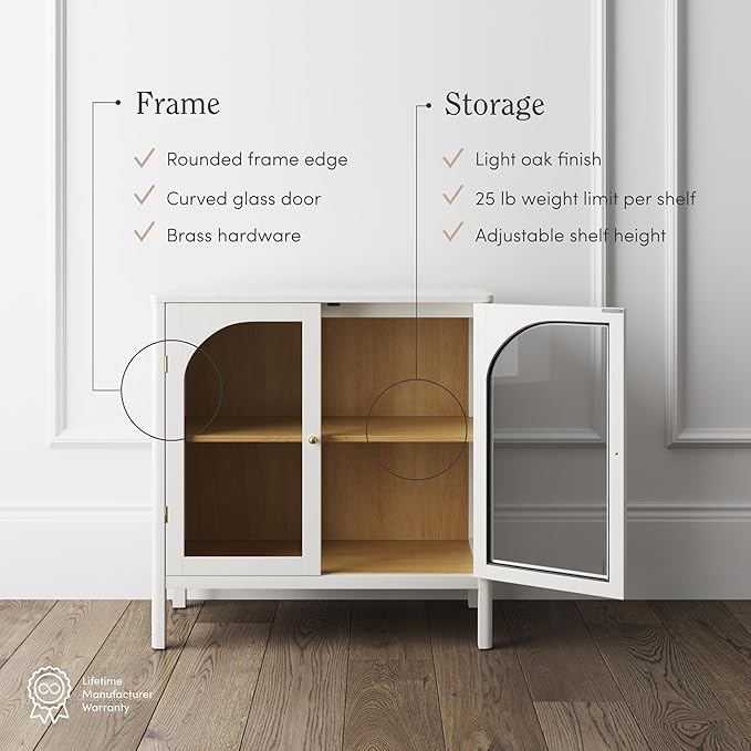 Nathan James Mason Wood Storage Cabinet Accent Sideboard Buffet Credenza TV Stand with Glass Doors and Adjustable Shelf for Dining Room, Entryway or Living Room, Clear Glass/White/Light Oak, Set of 4