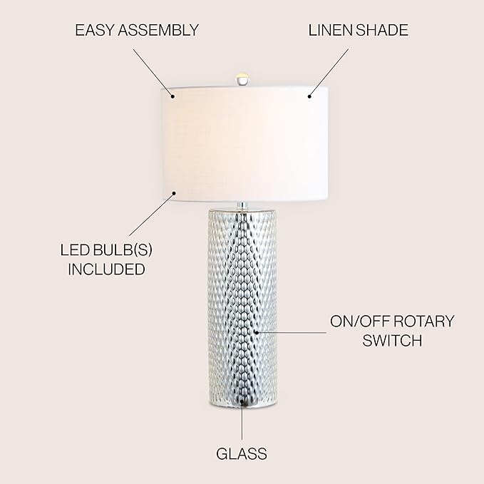 JONATHAN Y 30" Silver Isabella Studded Glass Table Lamp, Contemporary Glam Silver Leaf Base with White Linen Drum Shade for Bedroom Living Room, LED Bulb Included JYL1013A