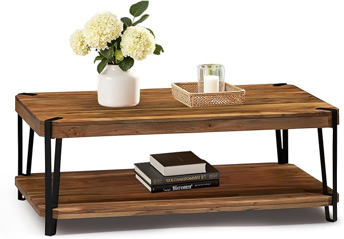 Ryegate Large Coffee Table, 48 Inch Natural Solid Acacia Wood with Unique Live Edge and Metal Frame, Industrial Modern Style, Durable Construction with Clear Natural Finish, Ideal for Living Room