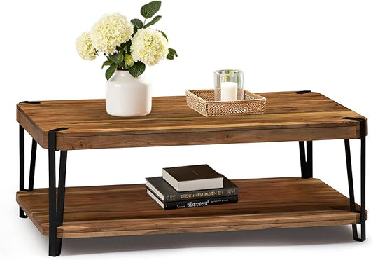 Ryegate Large Coffee Table, 48 Inch Natural Solid Acacia Wood with Unique Live Edge and Metal Frame, Industrial Modern Style, Durable Construction with Clear Natural Finish, Ideal for Living Room