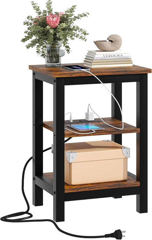 VECELO Modern Nightstands with Charging Station,Side End Table Night Stand with Storage Shelf for Small Spaces, Bedroom,Living Room