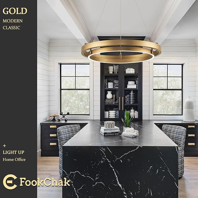 LED Ring Chandelier Gold Round Chandelier 30W Entry Chandeliers Light Brass Gold Dimmable Chandeliers for Dining Room Entryway Kitchen Island Bedroom Living Room, 24in