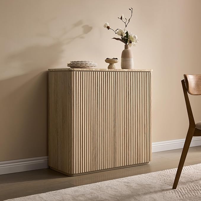 Fluted 2 Doors Sideboard Cabinet with Storage, 34" Wooden Credenza with Shelves, Faux Marble-Top Coffee Bar Console Table, Modern Buffet Cabinet for Dining, Kitchen, Living Room, Entryway, Natural Oak
