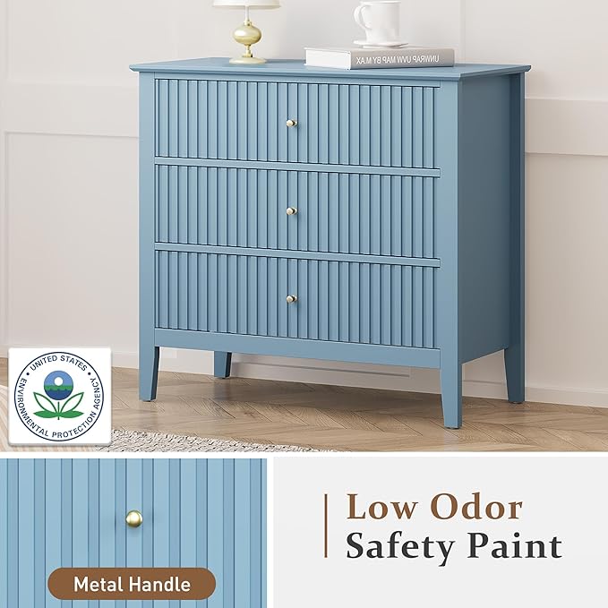 Large Muted Blue Fluted 3 Drawer Dresser Set of 2, Chest of Drawers with Ball Bearing Slide Modern 30 inch Tall Wood Nightstand with Spacious Storage for Living Room Entryway