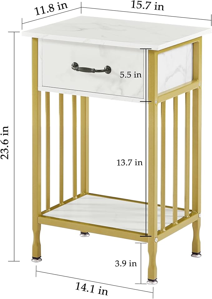 VECELO Night Stand Set 2 with Drawer and Storage Shelf,15.7x11.8x23.6 inches Bedside Table End Table,Wood Nightstands for Bedroom, Living Room,Sofa,Gold+White,2 Sets