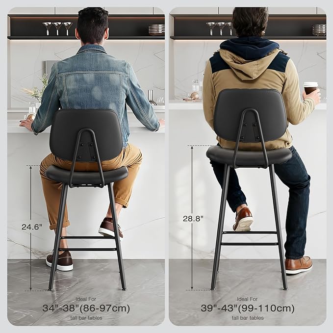 29-Inch Leather Bar Stools Set of 3, Counter Height Barstools with High Backrest，Bar Chairs for Kitchen Island with Heavy Duty Metal Legs, Black