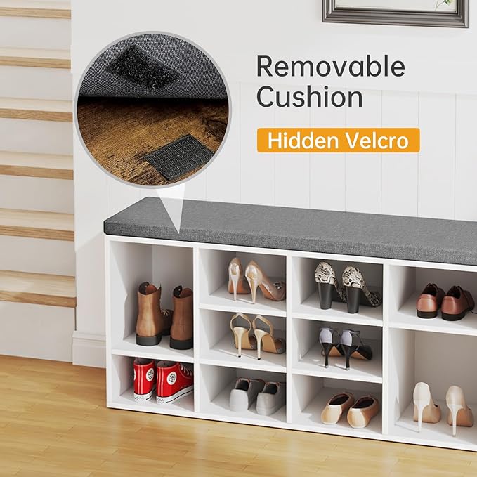 PayLessHere Shoe Bench Storage Bench 10 Compartments Shoe Organizer with 3-Tier Shoe Rack Bench Adjustable Shelves Shoe Shelf for Living Room Entryway Hallway Bedroom (White and Grey)