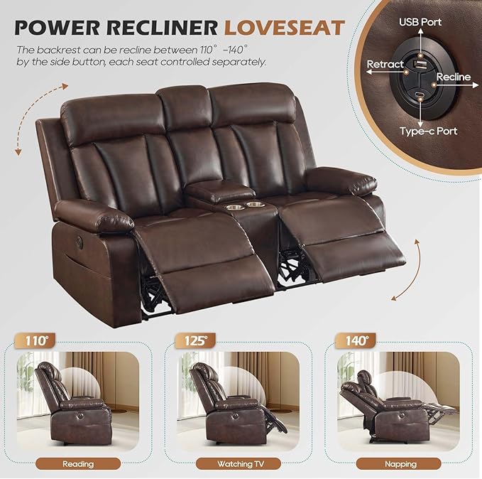 Power Reclining Loveseat with Console, Reclining Loveseat with Heat and Massage, Power Loveseat Recliner Sofa with Dual Ports, Cup Holders for Living Room, RV Sofa