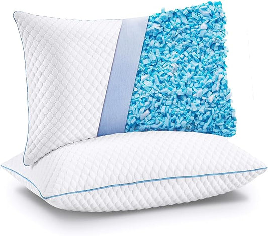 VVZ Cooling Bed Pillows Queen Size Set of 2, Shredded Memory Foam Pillows for Side Back Stomach Sleepers, Luxury Cool Gel Adjustable Firm Bed Pillows for Sleeping 2 Pack Queen Size 20 x 30 Inches
