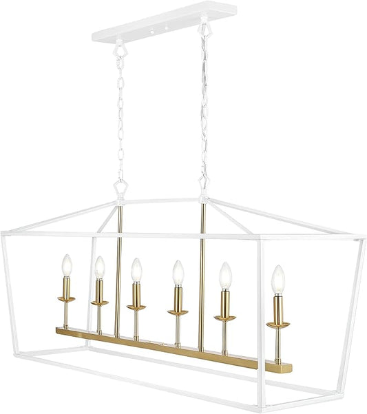 JONATHAN Y 49" White/Brass Gold Lantern Pendant Light, 1-Light Pagoda Style Metal Cage Farmhouse Hanging Ceiling Fixture for Kitchen Island, LED Bulb Included (JYL7439E)
